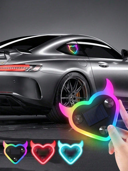 2026 New Devil Heart Solar LED Car Ambient Light, Heart-Shaped Neon Window Decor, Automatic Sensor Light, 5 Lighting Modes, Cute Aesthetic Car Accessory, Suitable For Women And Girls, Romantic Interio