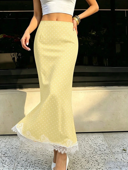 2026 New Elegant Commuter Style Women's Black & White Polka Dot Lace Patchwork A-Line Skirt, Summer Yellow