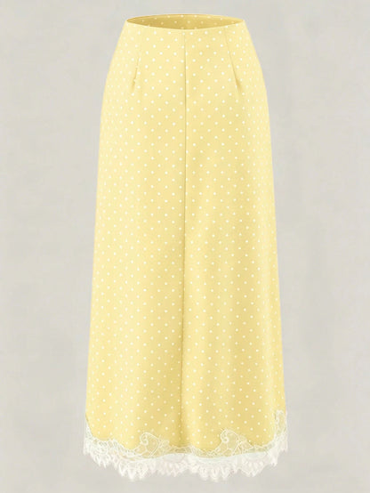 2026 New Elegant Commuter Style Women's Black & White Polka Dot Lace Patchwork A-Line Skirt, Summer Yellow