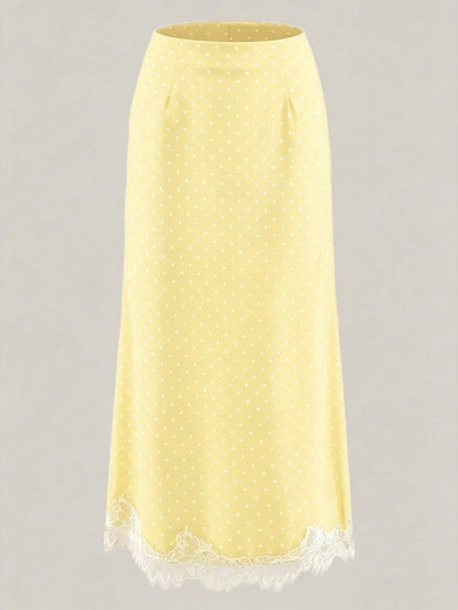 2026 New Elegant Commuter Style Women's Black & White Polka Dot Lace Patchwork A-Line Skirt, Summer Yellow