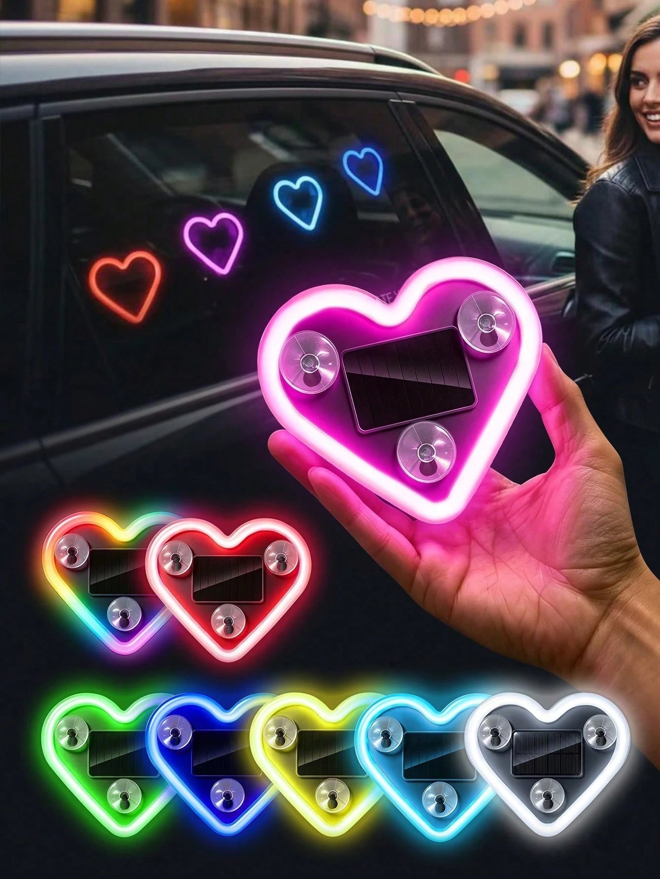2026 New Heart-Shaped LED Solar Powered Car Atmosphere Light, Suitable For Women Car Accessories, Heart-Shaped Neon Window Decoration Light, With Automatic Sensing Design, 5 Lighting Modes, Perfect Ro