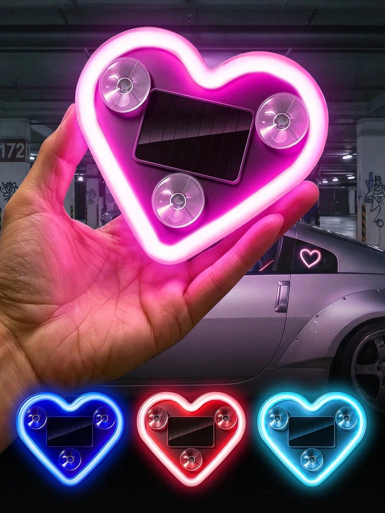 2026 New Heart-Shaped LED Solar Powered Car Atmosphere Light, Suitable For Women Car Accessories, Heart-Shaped Neon Window Decoration Light, With Automatic Sensing Design, 5 Lighting Modes, Perfect Ro