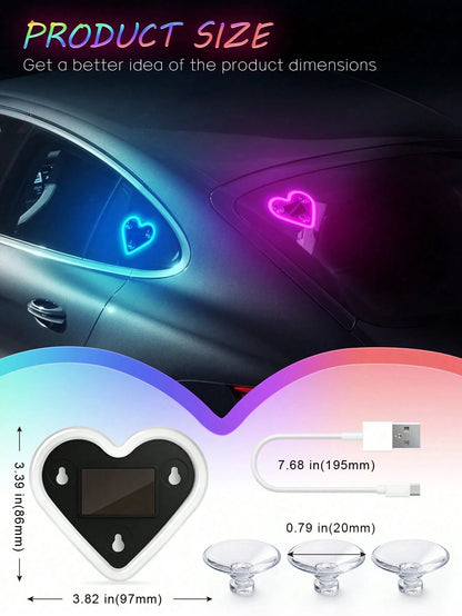 2026 New Heart-Shaped LED Solar Powered Car Atmosphere Light, Suitable For Women Car Accessories, Heart-Shaped Neon Window Decoration Light, With Automatic Sensing Design, 5 Lighting Modes, Perfect Ro