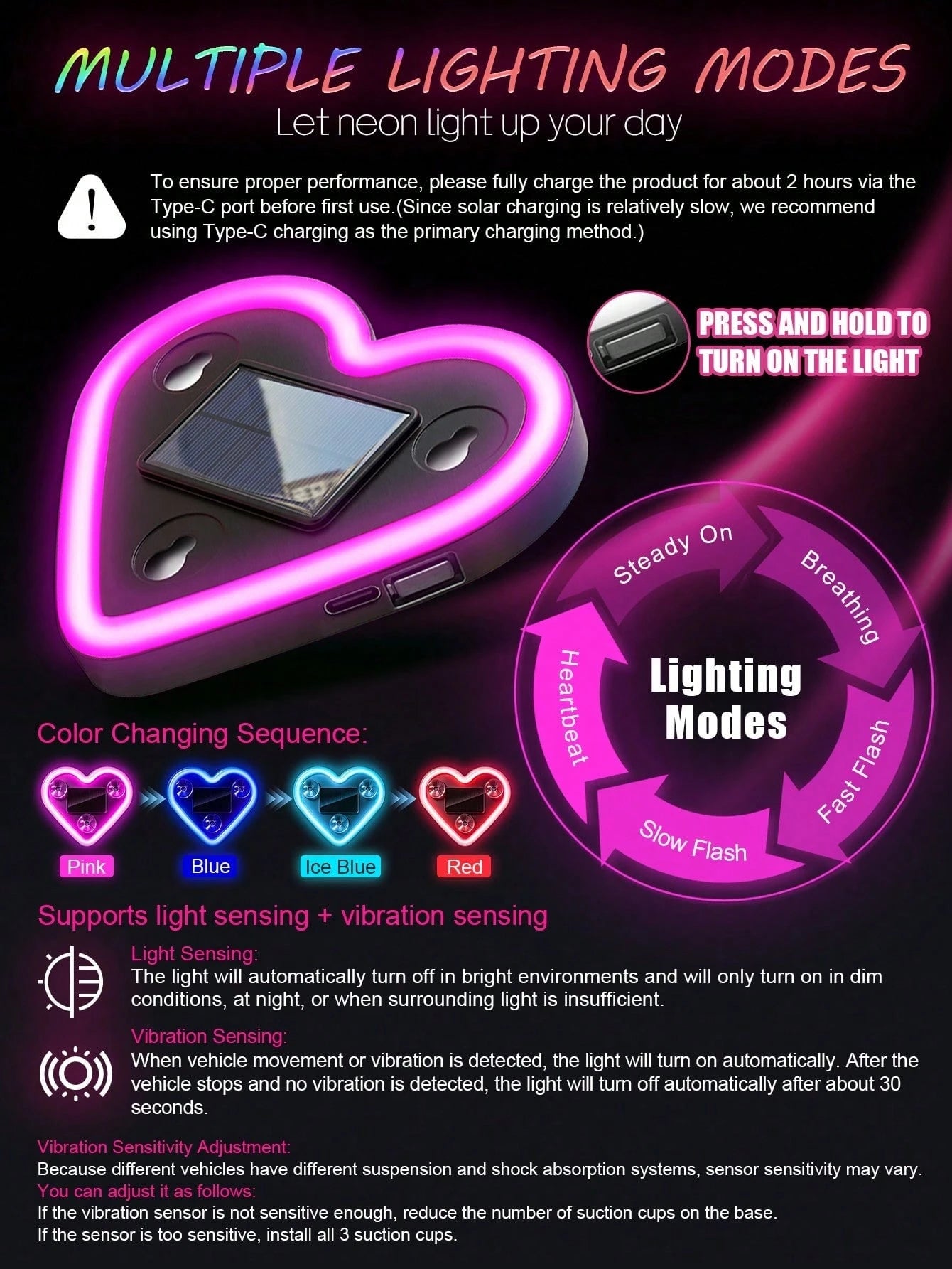 2026 New Heart-Shaped LED Solar Powered Car Atmosphere Light, Suitable For Women Car Accessories, Heart-Shaped Neon Window Decoration Light, With Automatic Sensing Design, 5 Lighting Modes, Perfect Ro