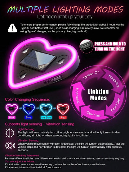 2026 New Heart-Shaped LED Solar Powered Car Atmosphere Light, Suitable For Women Car Accessories, Heart-Shaped Neon Window Decoration Light, With Automatic Sensing Design, 5 Lighting Modes, Perfect Ro