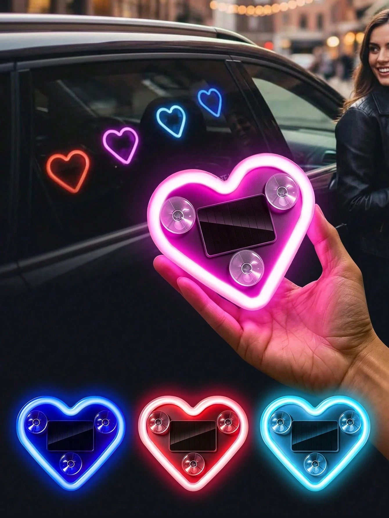 2026 New Heart-Shaped LED Solar Powered Car Atmosphere Light, Suitable For Women Car Accessories, Heart-Shaped Neon Window Decoration Light, With Automatic Sensing Design, 5 Lighting Modes, Perfect Ro