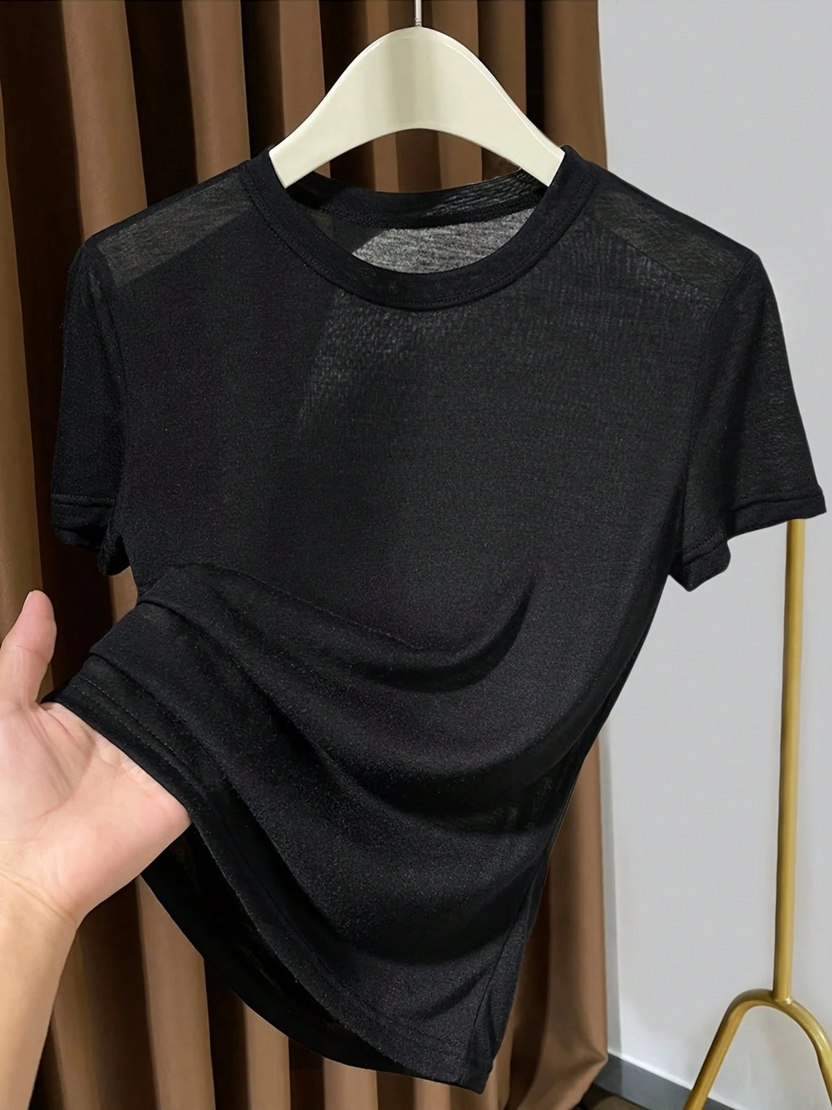 2026 New Knitted Face Mask Short Sleeve Undershirt, Summer Thin White Round Neck T-Shirt For Women Casual Black, Effortless Style