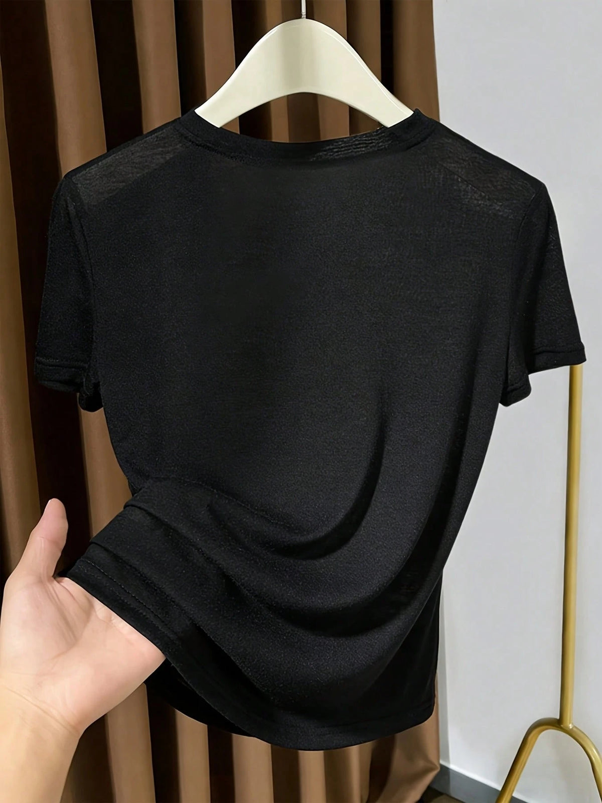 2026 New Knitted Face Mask Short Sleeve Undershirt, Summer Thin White Round Neck T-Shirt For Women Casual Black, Effortless Style