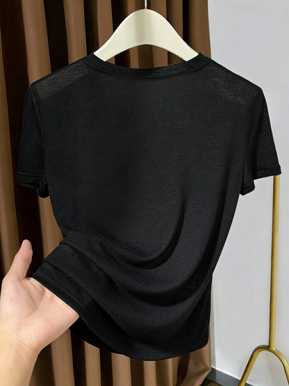 2026 New Knitted Face Mask Short Sleeve Undershirt, Summer Thin White Round Neck T-Shirt For Women Casual Black, Effortless Style