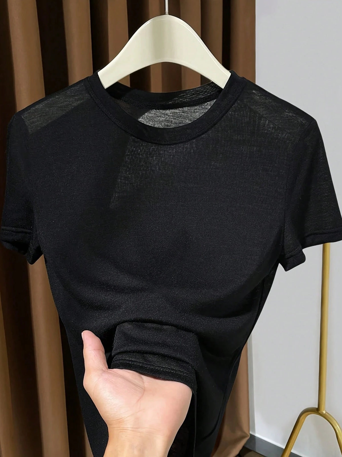 2026 New Knitted Face Mask Short Sleeve Undershirt, Summer Thin White Round Neck T-Shirt For Women Casual Black, Effortless Style