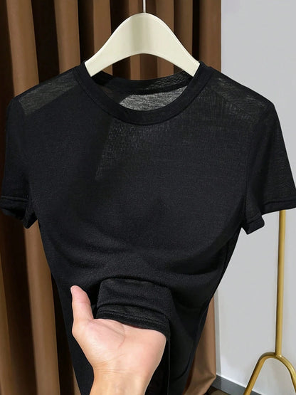 2026 New Knitted Face Mask Short Sleeve Undershirt, Summer Thin White Round Neck T-Shirt For Women Casual Black, Effortless Style
