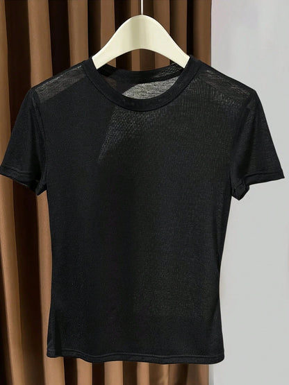 2026 New Knitted Face Mask Short Sleeve Undershirt, Summer Thin White Round Neck T-Shirt For Women Casual Black, Effortless Style