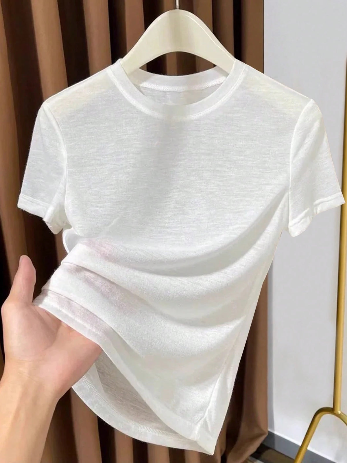 2026 New Knitted Face Mask Short Sleeve Undershirt, Summer Thin White Round Neck T-Shirt For Women Casual Black, Effortless Style