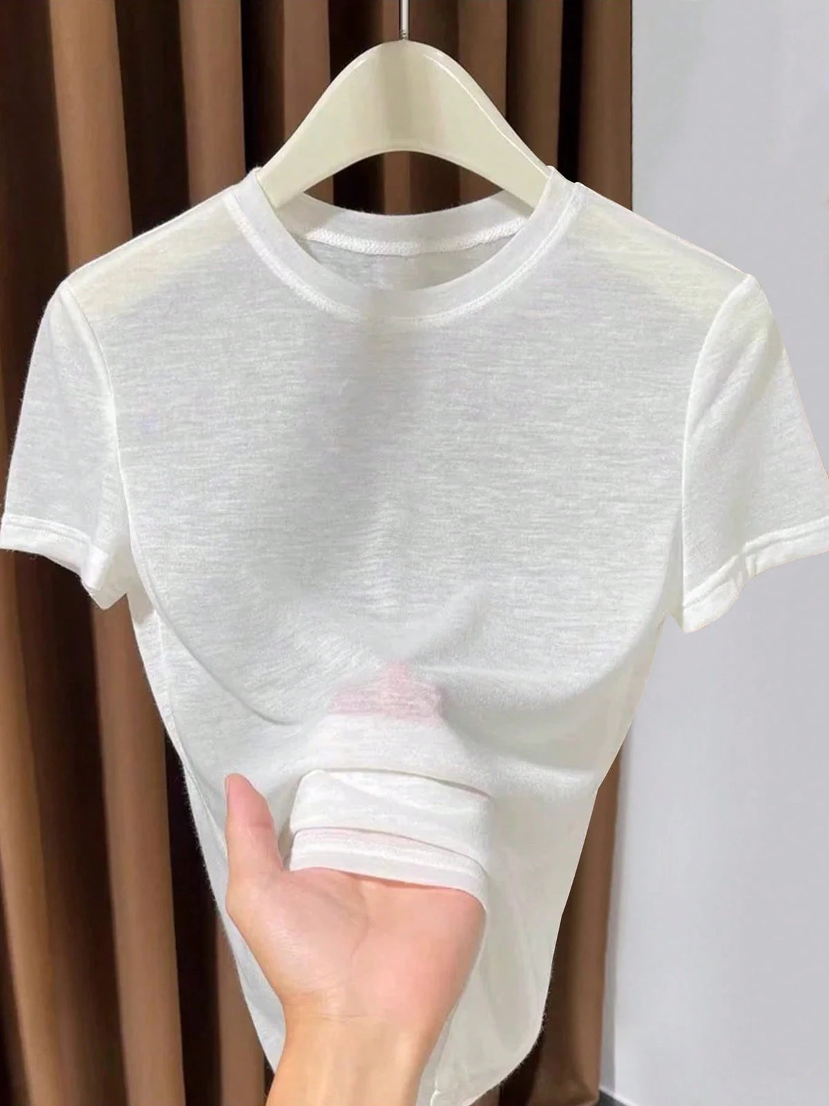 2026 New Knitted Face Mask Short Sleeve Undershirt, Summer Thin White Round Neck T-Shirt For Women Casual Black, Effortless Style