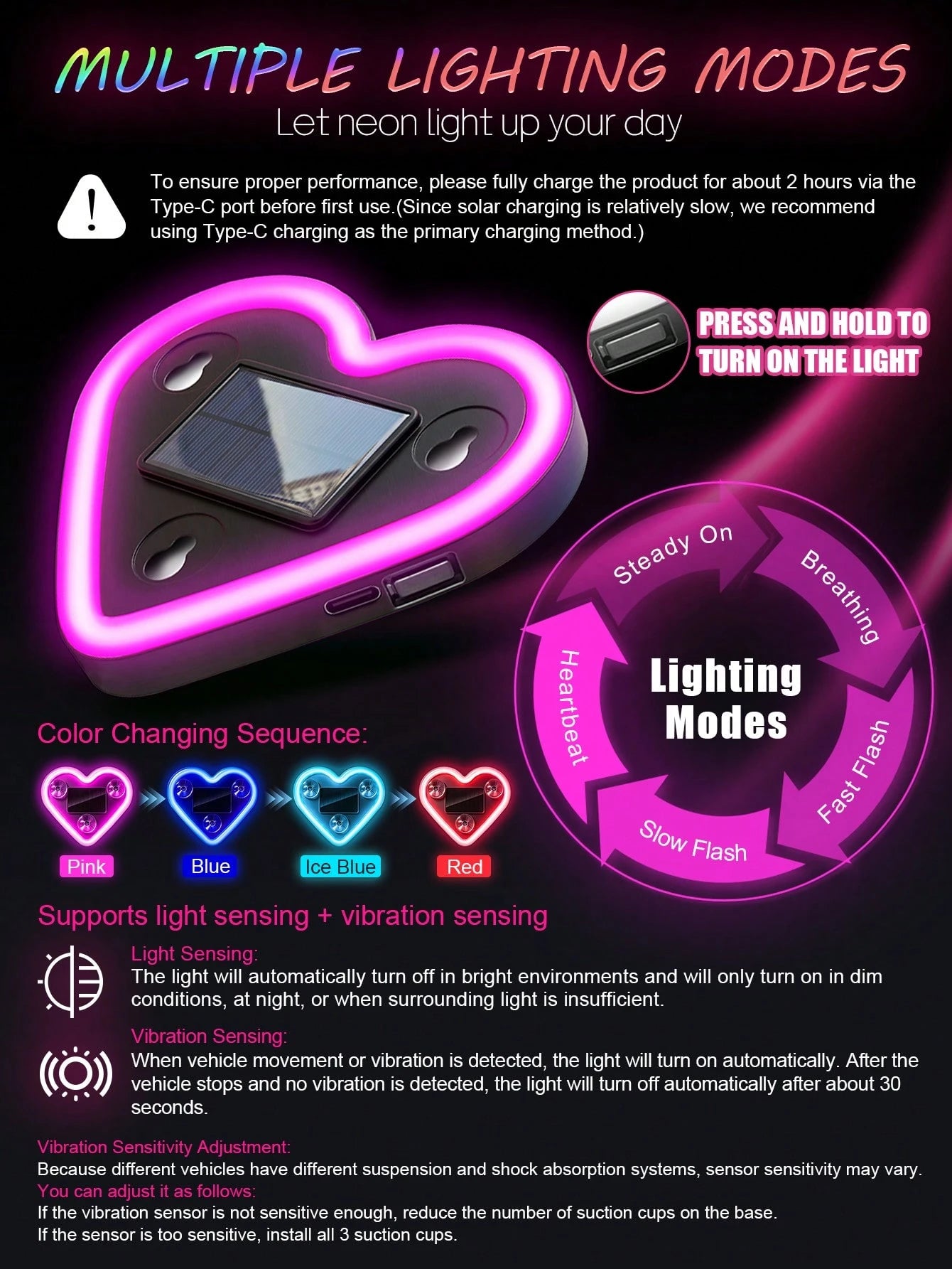2026 New Solar Powered LED Atmosphere Light Car Decor, Heart-Shaped Neon Lamp Window Decoration Light, With Auto Sensor Design, 5 Lighting Modes, Romantic Interior Decor, Suitable For Couples And Fema