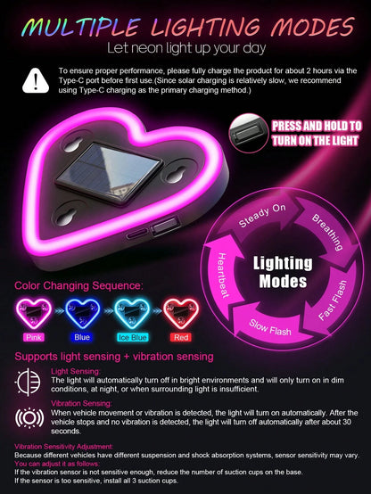 2026 New Solar Powered LED Atmosphere Light Car Decor, Heart-Shaped Neon Lamp Window Decoration Light, With Auto Sensor Design, 5 Lighting Modes, Romantic Interior Decor, Suitable For Couples And Fema