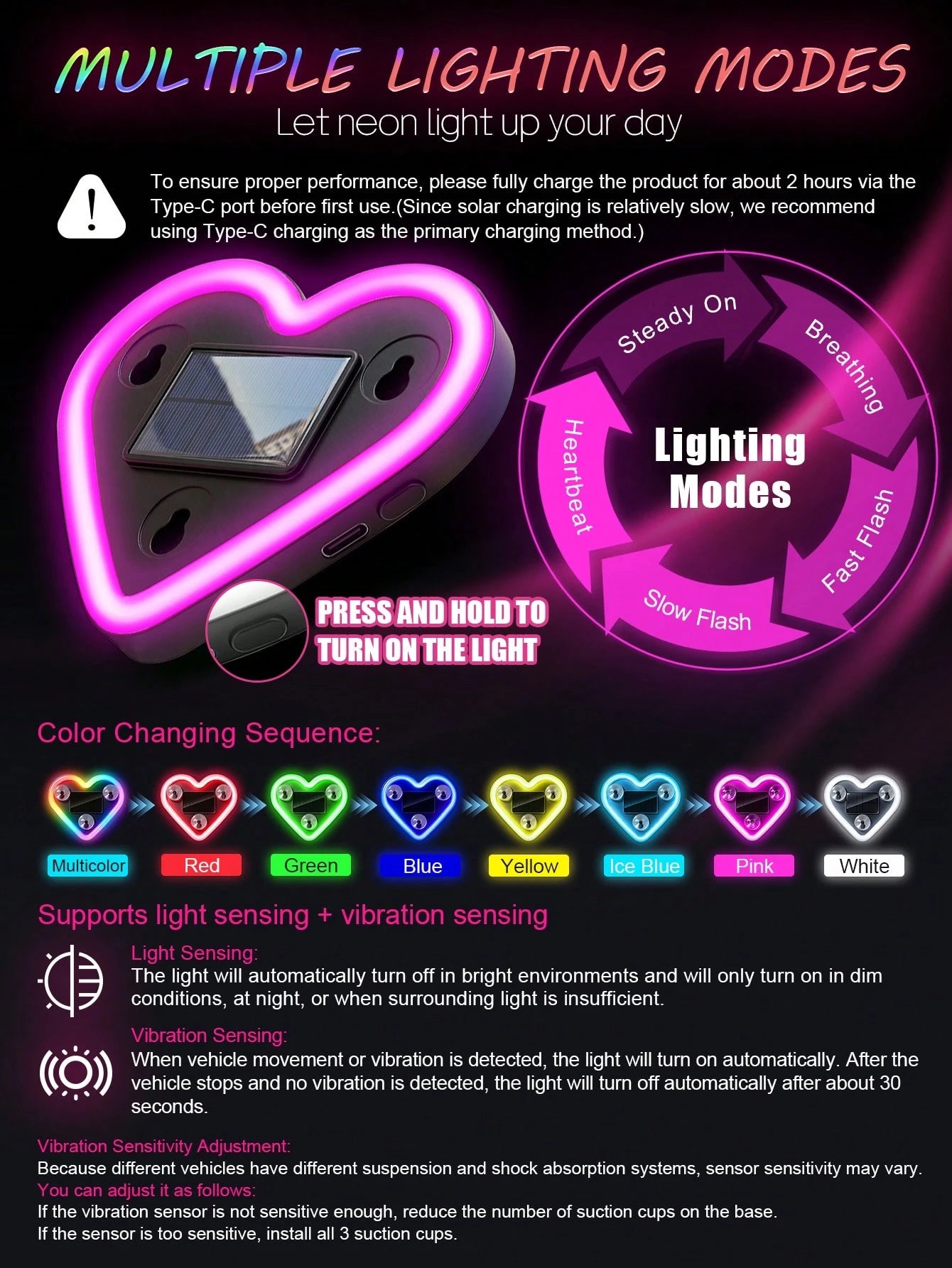 2026 New Solar Powered LED Atmosphere Light Car Decor, Heart-Shaped Neon Lamp Window Decoration Light, With Auto Sensor Design, 5 Lighting Modes, Romantic Interior Decor, Suitable For Couples And Fema