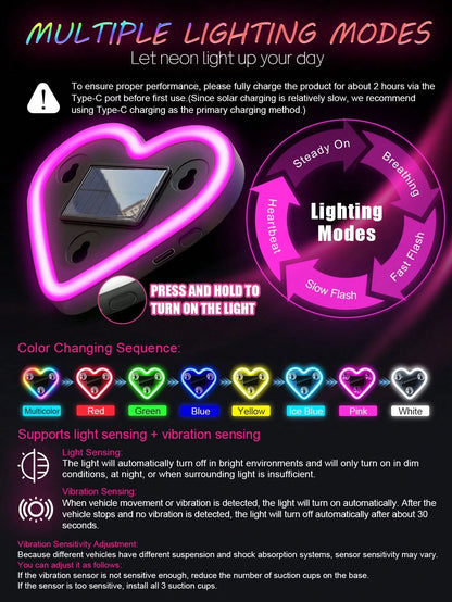 2026 New Solar Powered LED Atmosphere Light Car Decor, Heart-Shaped Neon Lamp Window Decoration Light, With Auto Sensor Design, 5 Lighting Modes, Romantic Interior Decor, Suitable For Couples And Fema