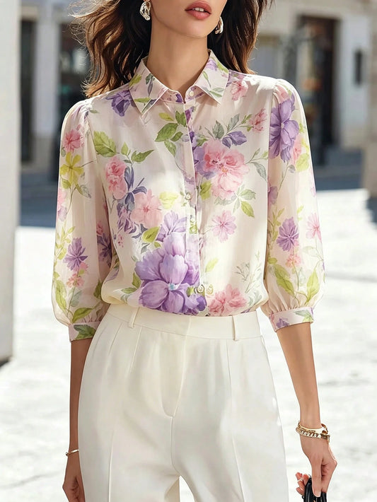 2026 New Women's French Elegant Floral Chiffon Blouse, Summer Design Sense Unique Top, Elegant Women