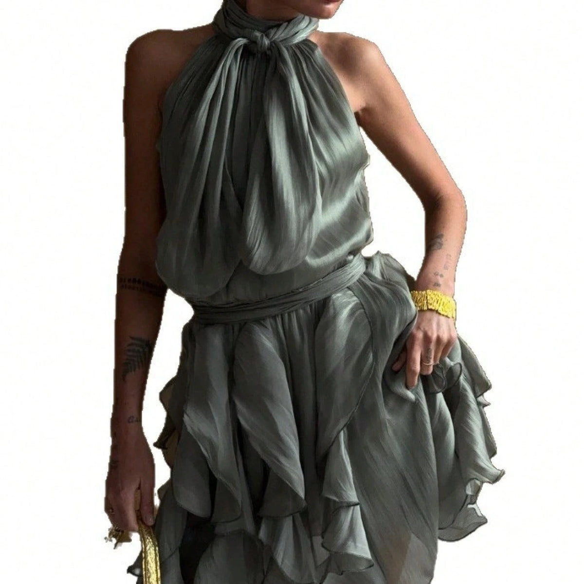 2026 SS French Style Women Sleeveless Dress, Halter Neck Waist Tie Ruffle Cinched Waist Luxury Chic Summer Dress