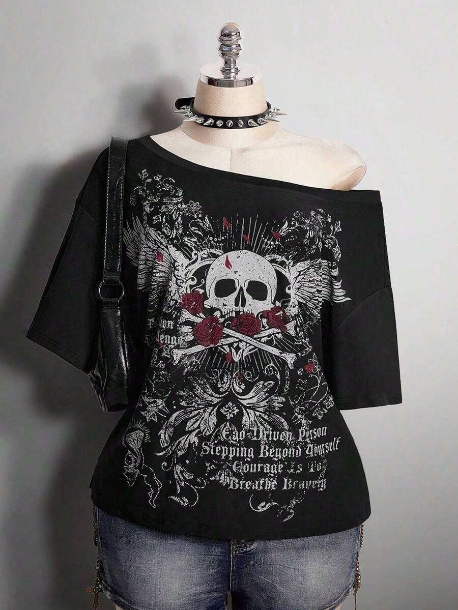 2026 Summer Collection,Retro Gothic Plus Tee: Distressed Skull & Rose, Y2K Punk Style, Sizes S-7XL, Ships 24H