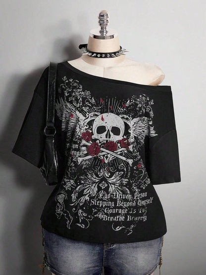 2026 Summer Collection,Retro Gothic Plus Tee: Distressed Skull & Rose, Y2K Punk Style, Sizes S-7XL, Ships 24H