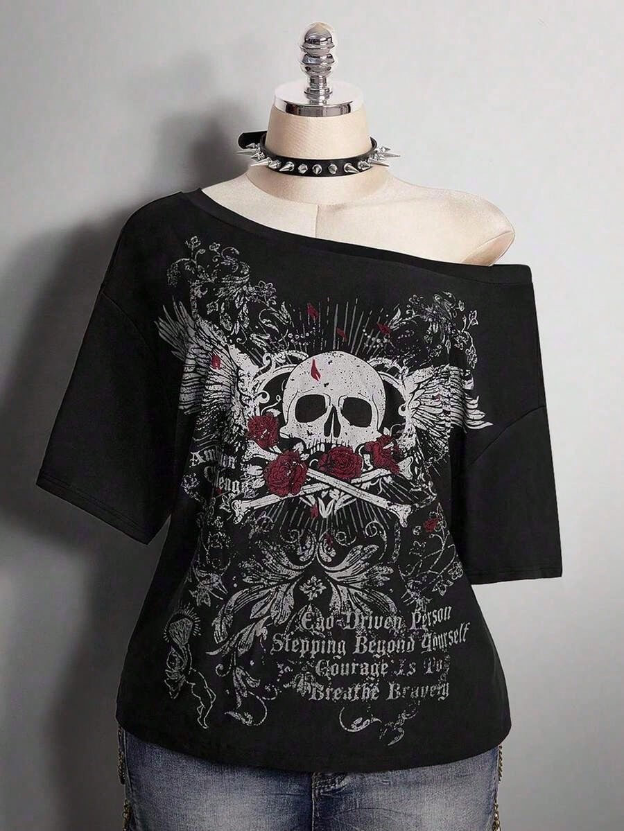 2026 Summer Collection,Retro Gothic Plus Tee: Distressed Skull & Rose, Y2K Punk Style, Sizes S-7XL, Ships 24H