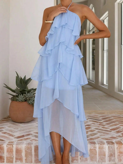 2026 Summer Elegant Solid Halter Neck Maxi Dress, Tiered Ruffle Layered Chiffon Irregular Split Hem Flowy Vacation Dress For Women Beach Wedding