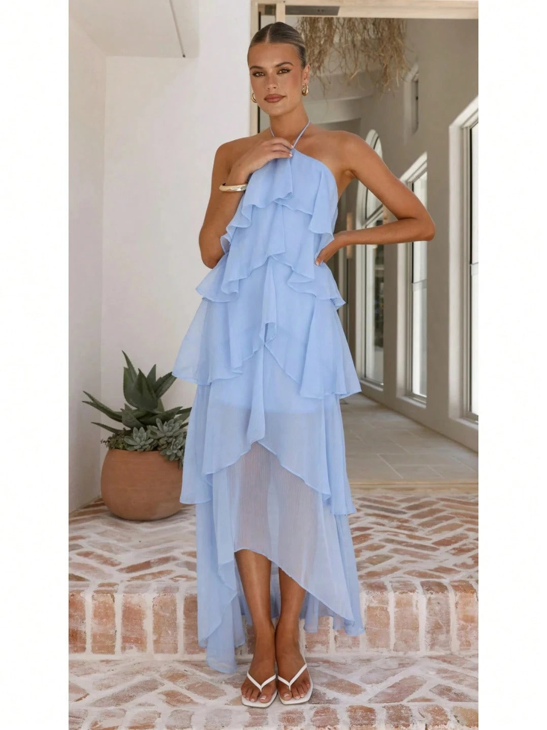2026 Summer Elegant Solid Halter Neck Maxi Dress, Tiered Ruffle Layered Chiffon Irregular Split Hem Flowy Vacation Dress For Women Beach Wedding