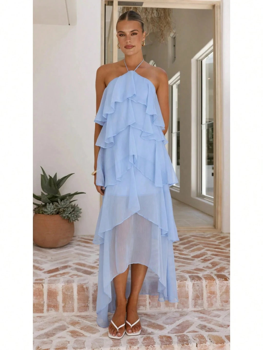 2026 Summer Elegant Solid Halter Neck Maxi Dress, Tiered Ruffle Layered Chiffon Irregular Split Hem Flowy Vacation Dress For Women Beach Wedding