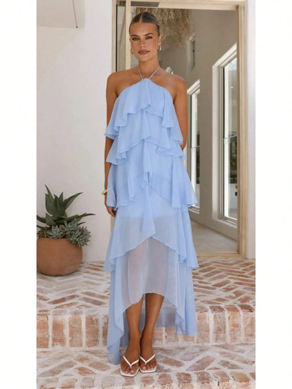 2026 Summer Elegant Solid Halter Neck Maxi Dress, Tiered Ruffle Layered Chiffon Irregular Split Hem Flowy Vacation Dress For Women Beach Wedding