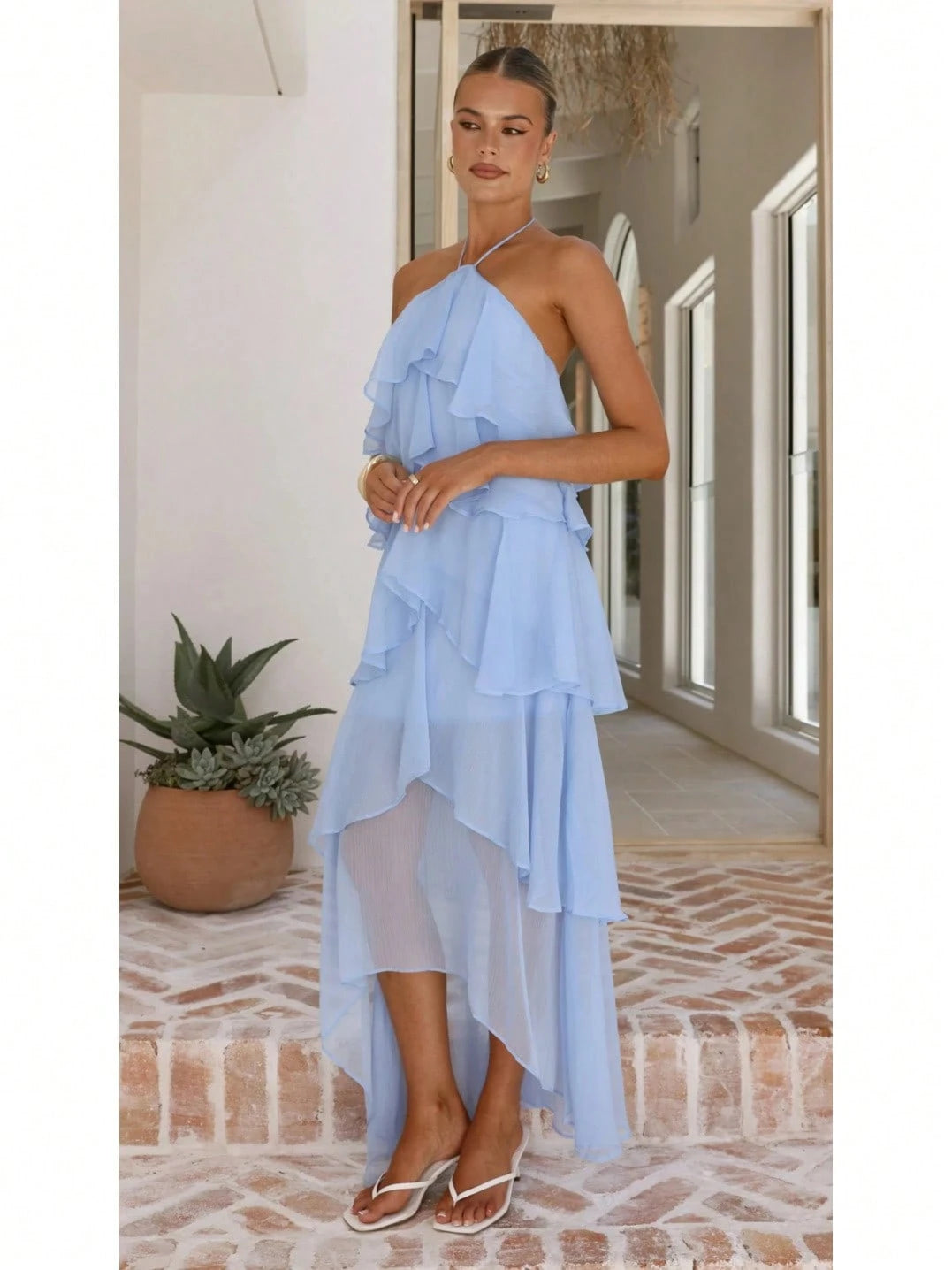 2026 Summer Elegant Solid Halter Neck Maxi Dress, Tiered Ruffle Layered Chiffon Irregular Split Hem Flowy Vacation Dress For Women Beach Wedding