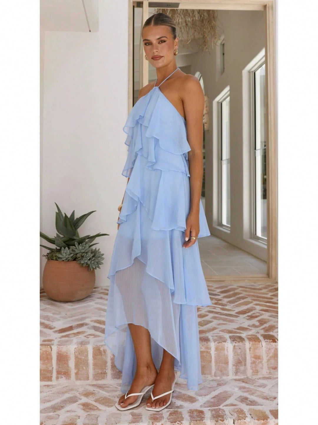 2026 Summer Elegant Solid Halter Neck Maxi Dress, Tiered Ruffle Layered Chiffon Irregular Split Hem Flowy Vacation Dress For Women Beach Wedding
