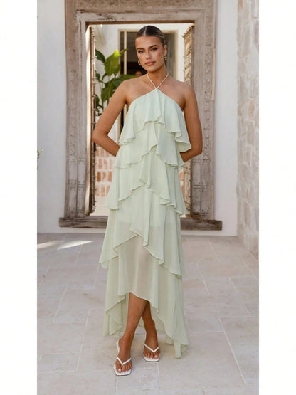 2026 Summer Elegant Solid Halter Neck Maxi Dress, Tiered Ruffle Layered Chiffon Irregular Split Hem Flowy Vacation Dress For Women Beach Wedding