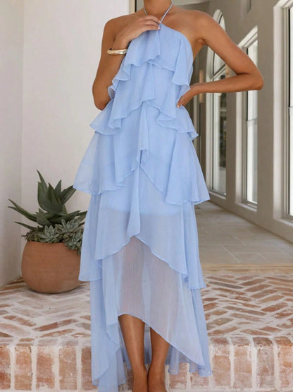 2026 Summer Elegant Solid Halter Neck Maxi Dress, Tiered Ruffle Layered Chiffon Irregular Split Hem Flowy Vacation Dress For Women Beach Wedding