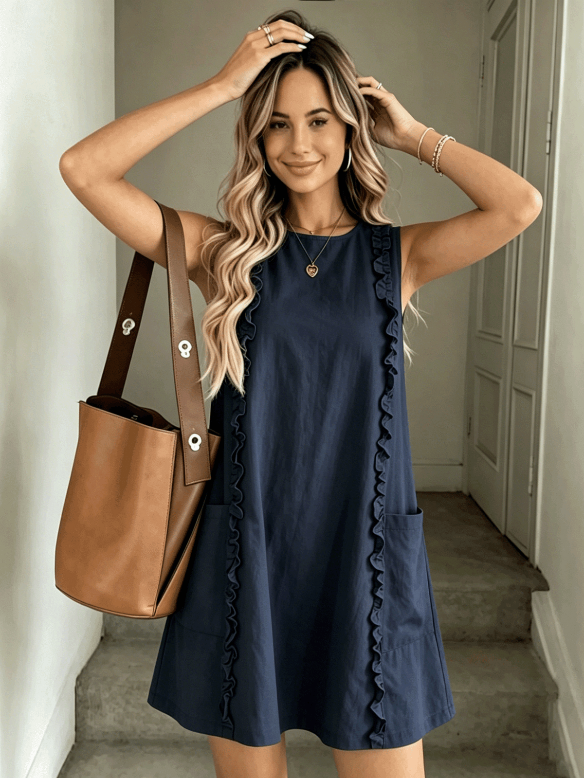 2026 Women's Casual Sleeveless Ruffle Mini Dress, Round Neck Loose A-Line Fit Side Pockets Summer Daily Wear Solid Color Top Elegant