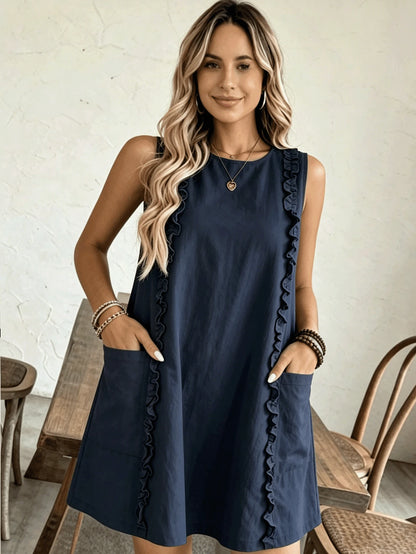 2026 Women's Casual Sleeveless Ruffle Mini Dress, Round Neck Loose A-Line Fit Side Pockets Summer Daily Wear Solid Color Top Elegant