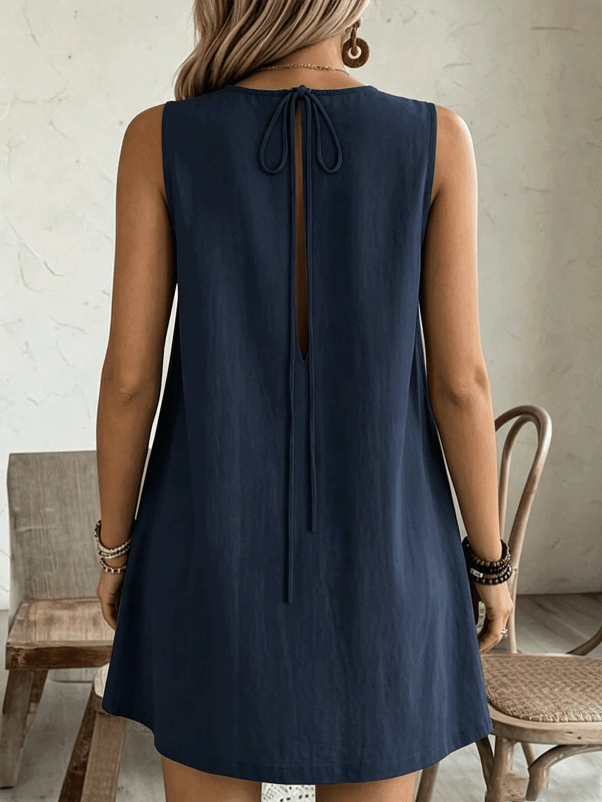 2026 Women's Casual Sleeveless Ruffle Mini Dress, Round Neck Loose A-Line Fit Side Pockets Summer Daily Wear Solid Color Top Elegant
