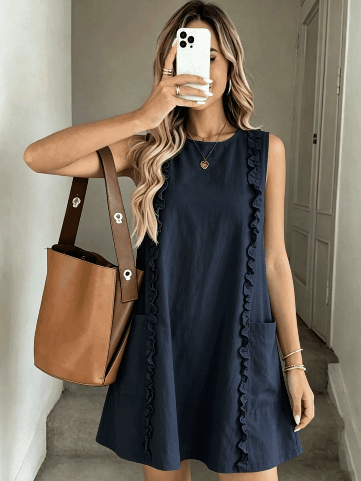 2026 Women's Casual Sleeveless Ruffle Mini Dress, Round Neck Loose A-Line Fit Side Pockets Summer Daily Wear Solid Color Top Elegant