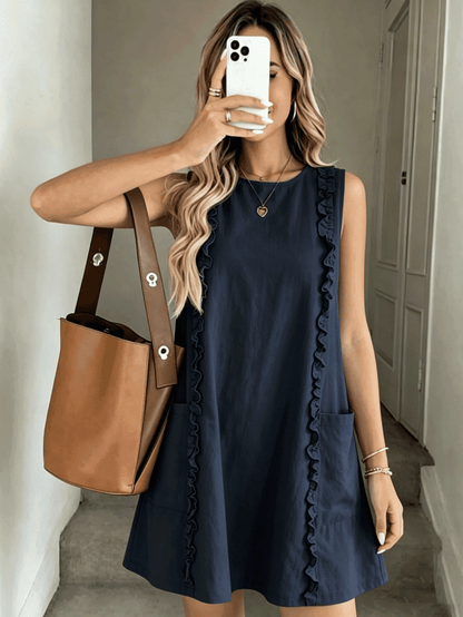 2026 Women's Casual Sleeveless Ruffle Mini Dress, Round Neck Loose A-Line Fit Side Pockets Summer Daily Wear Solid Color Top Elegant