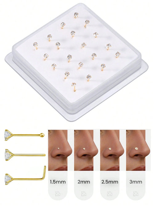 20PCS Golden Silvery Thin Nose Studs Set For Women Men 1.5mm-4mm Shiny CZ Nose Pins With L Shape, Straight, And Ball End – Nose Piercing Jewelry Case