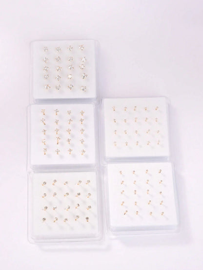 20PCS Golden Silvery Thin Nose Studs Set For Women Men 1.5mm-4mm Shiny CZ Nose Pins With L Shape, Straight, And Ball End – Nose Piercing Jewelry Case