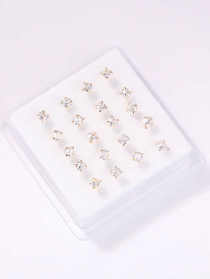 20PCS Golden Silvery Thin Nose Studs Set For Women Men 1.5mm-4mm Shiny CZ Nose Pins With L Shape, Straight, And Ball End – Nose Piercing Jewelry Case