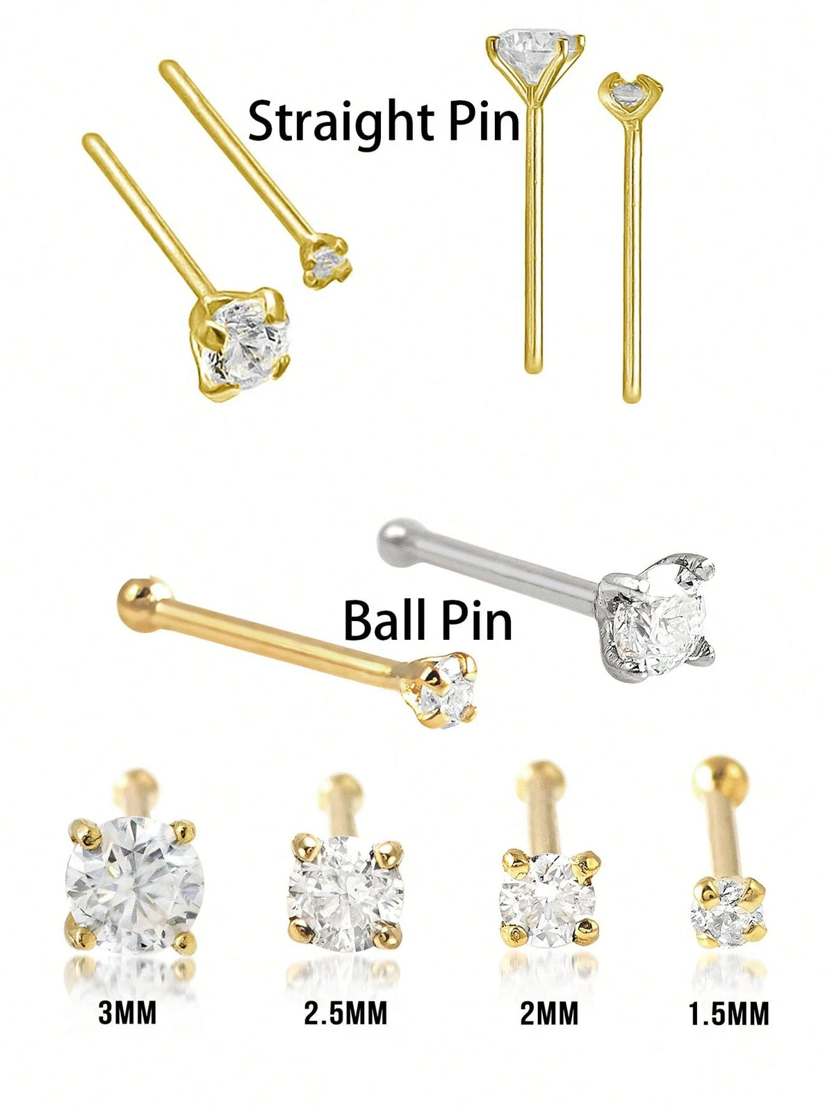 20PCS Golden Silvery Thin Nose Studs Set For Women Men 1.5mm-4mm Shiny CZ Nose Pins With L Shape, Straight, And Ball End – Nose Piercing Jewelry Case