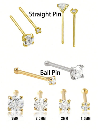 20PCS Golden Silvery Thin Nose Studs Set For Women Men 1.5mm-4mm Shiny CZ Nose Pins With L Shape, Straight, And Ball End – Nose Piercing Jewelry Case