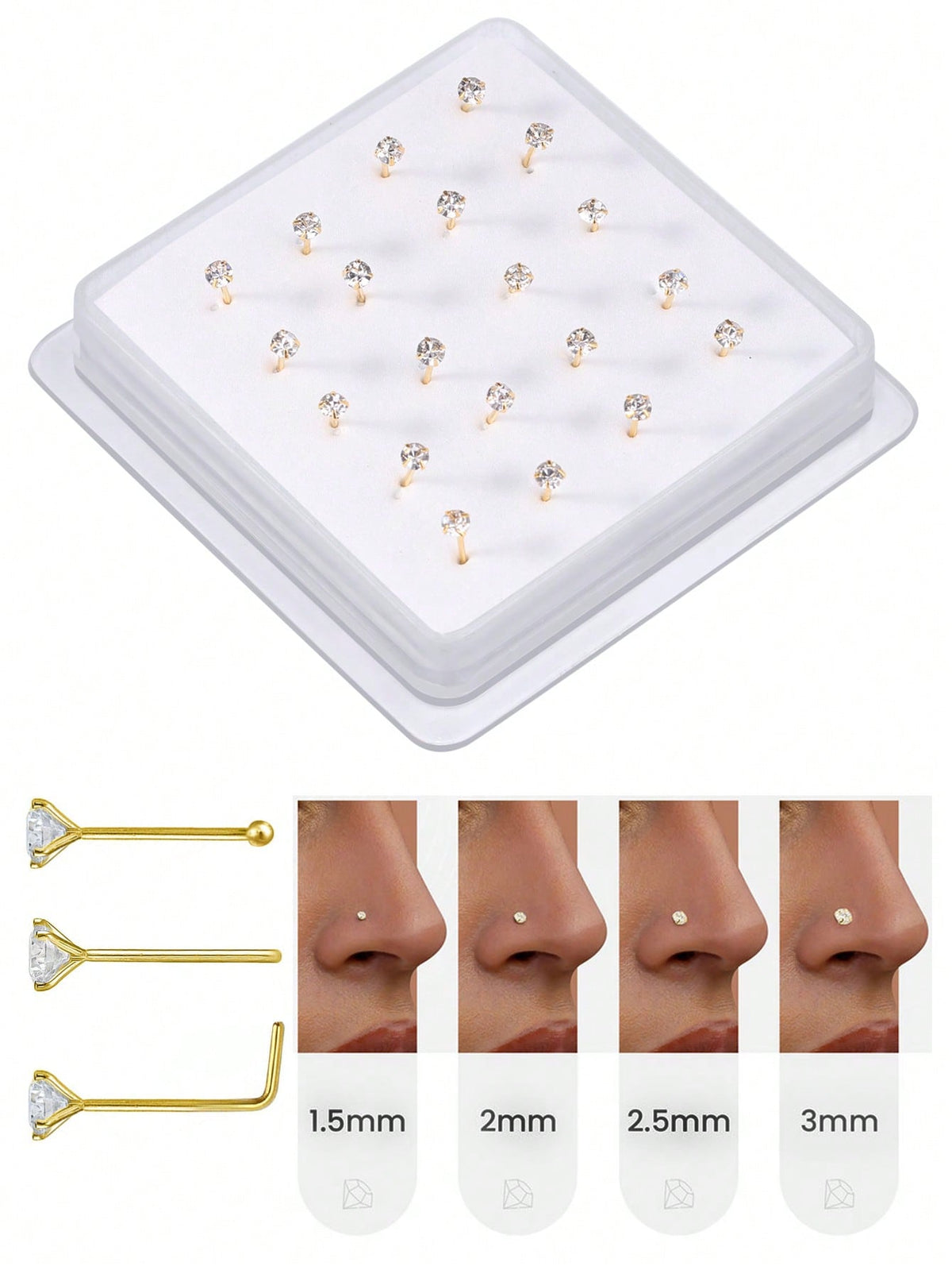 20PCS Golden Silvery Thin Nose Studs Set For Women Men 1.5mm-4mm Shiny CZ Nose Pins With L Shape, Straight, And Ball End – Nose Piercing Jewelry Case