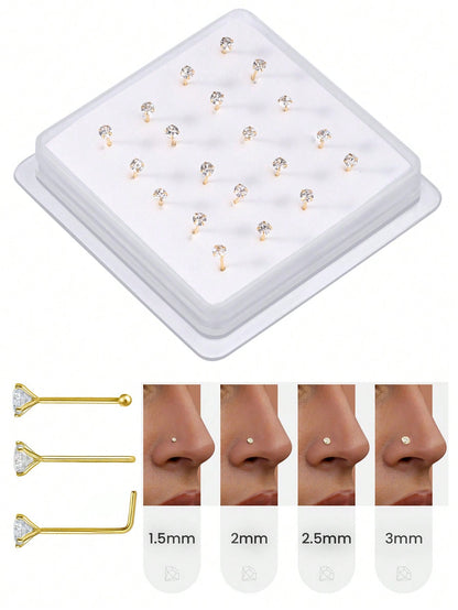 20PCS Golden Silvery Thin Nose Studs Set For Women Men 1.5mm-4mm Shiny CZ Nose Pins With L Shape, Straight, And Ball End – Nose Piercing Jewelry Case