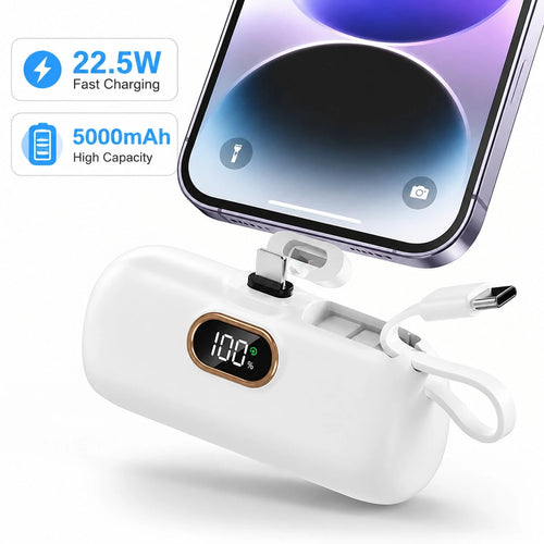 22.5W High Speed Charging Hiking Power Bank 5000mAh Capsule Design Charger With Attached Lightning & Type-C Connectors LED Power Indicator Plug-In Direct Phone Charge Dual Device Power Supply Pocket S