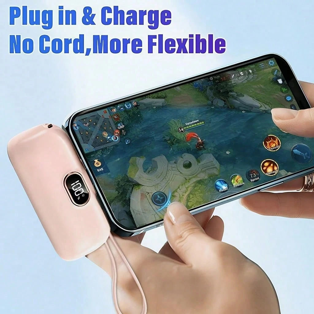 22.5W High Speed Charging Hiking Power Bank 5000mAh Capsule Design Charger With Attached Lightning & Type-C Connectors LED Power Indicator Plug-In Direct Phone Charge Dual Device Power Supply Pocket S