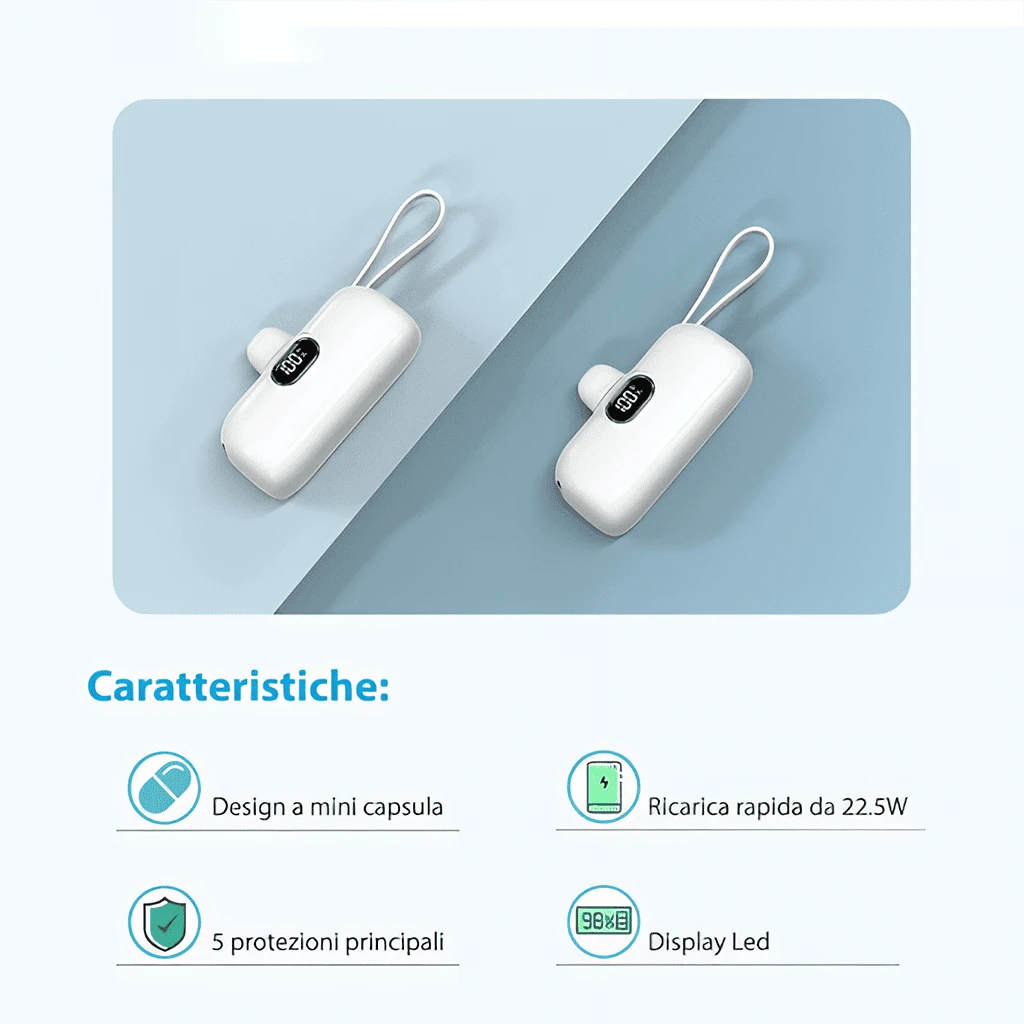 22.5W High Speed Charging Hiking Power Bank 5000mAh Capsule Design Charger With Attached Lightning & Type-C Connectors LED Power Indicator Plug-In Direct Phone Charge Dual Device Power Supply Pocket S
